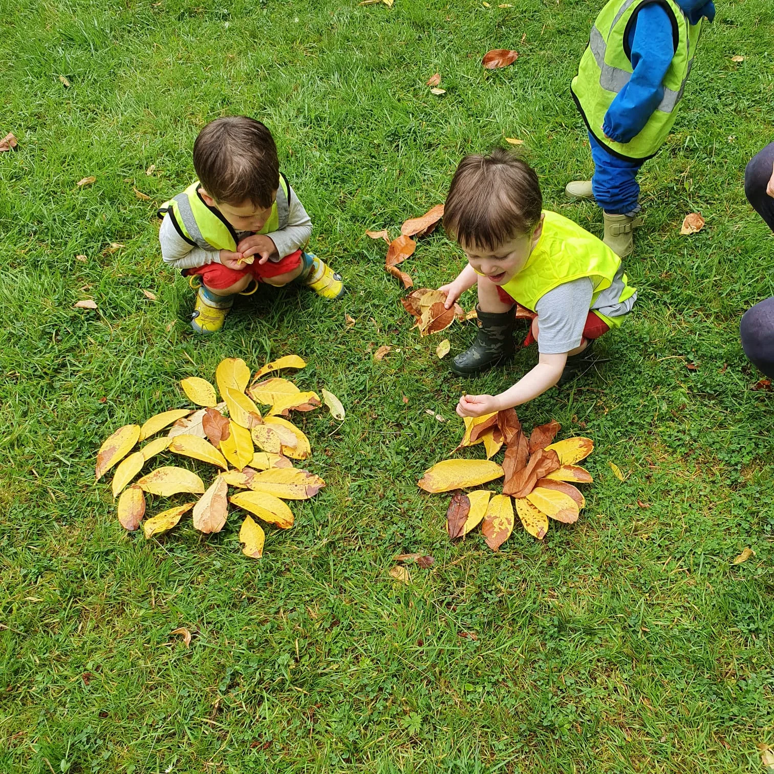 Riverside children creating patterns with autumn leaves